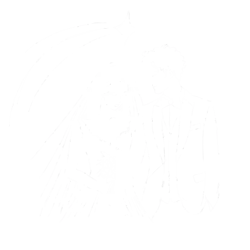 A bride and groom stands together as a shooting star races through the sky